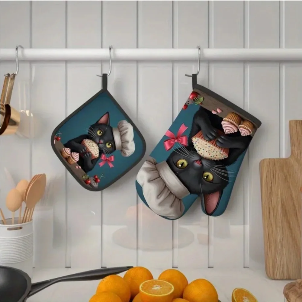 Black Cat Chef w Pink Bow Oven Mitt and Pot Holder Set